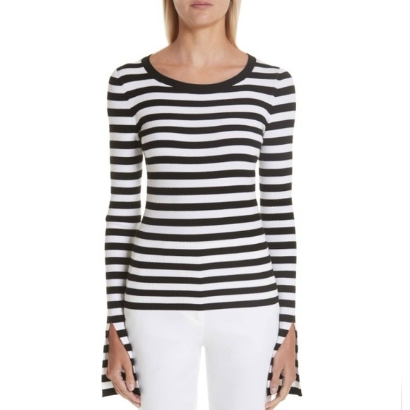 MICHAEL KORS COLLECTION Slit Sleeve Ribbed Top Size S Black White Striped $695 - Picture 1 of 12
